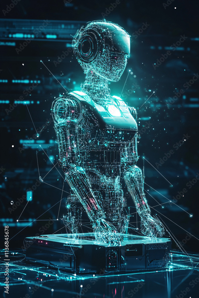 Poster a digital robotics competition icon glowing with engineering data, representing online stem challeng