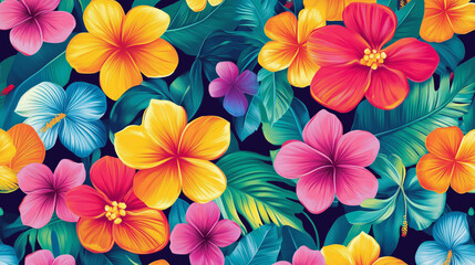 Fototapeta premium Tropical Floral Paradise: Vibrant and colorful, this seamless pattern explodes with life, featuring a lush array of exotic flowers and foliage.