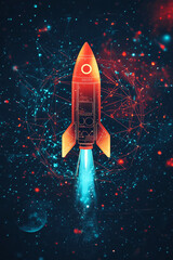 A digital rocket icon with space data surrounding it, representing online space research tools, aerospace analytics, and digital science platforms. 