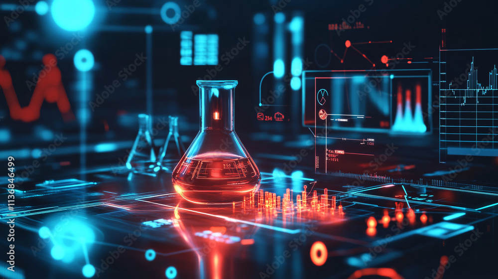 Poster a digital science lab icon glowing with experiment data, representing online science education platf