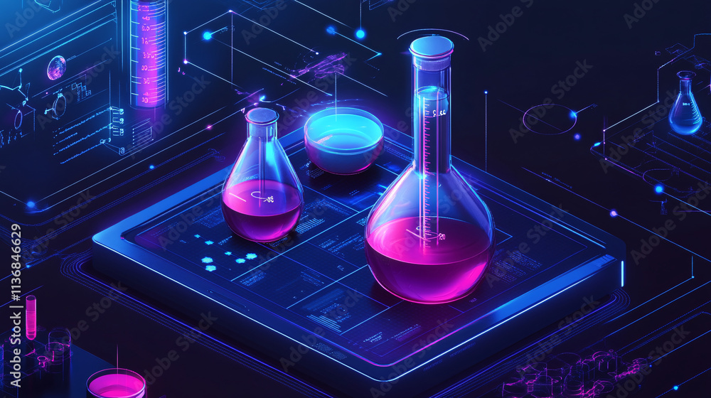 Poster a digital science lab icon glowing with experiment data, representing online science education platf