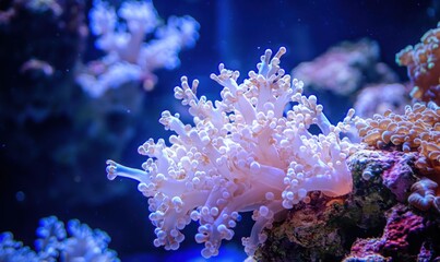 A detailed close-up of underwater coral, showcasing intricate textures and forms in a beautiful marine environment.