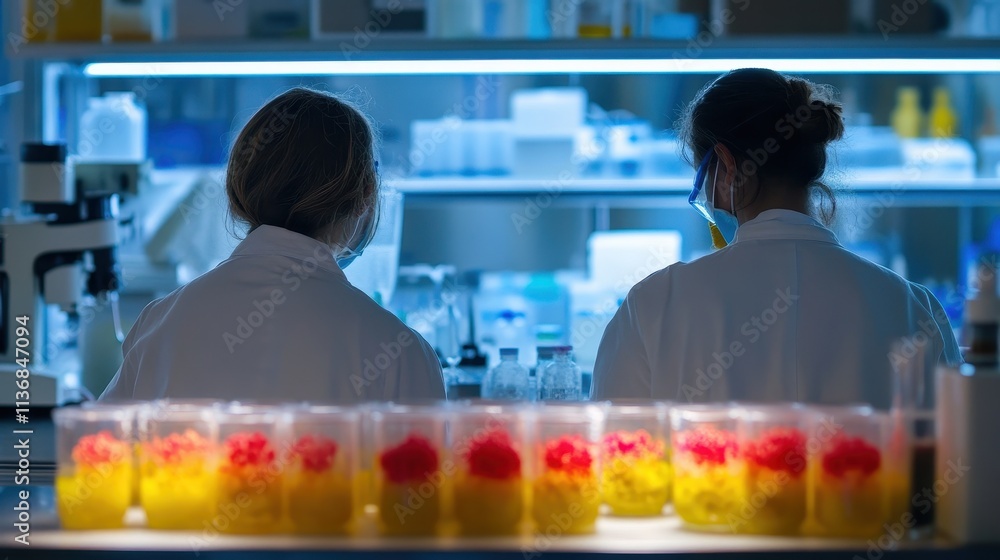 Poster scientists working in laboratory with bright samples under artificial light in research center