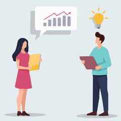 Sales messengers. Employees are conducting a dialogue and thinking about how to increase the sales rate. Vector illustration of EPS 10.