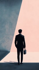 Fototapeta premium Businessman in suit holding a briefcase standing in a dramatic light and shadow environment with contrasting blue and pink walls