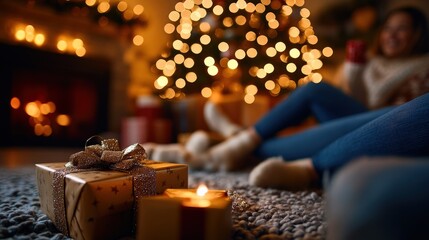 This enchanting image captures a cozy Christmas setting, featuring a beautifully decorated tree, warm glowing lights, presents, and the feel of togetherness and celebration.