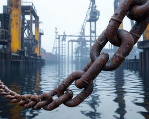 Naklejka premium Rusty chains hang over still water, creating a striking contrast with the industrial landscape in the background.