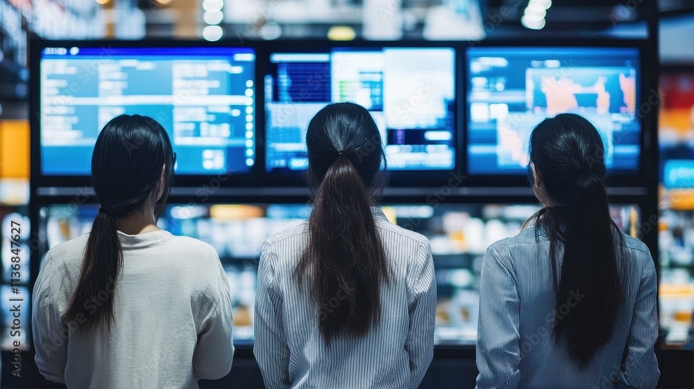 Poster three professionals analyzing data on monitors in a high-tech office environment
