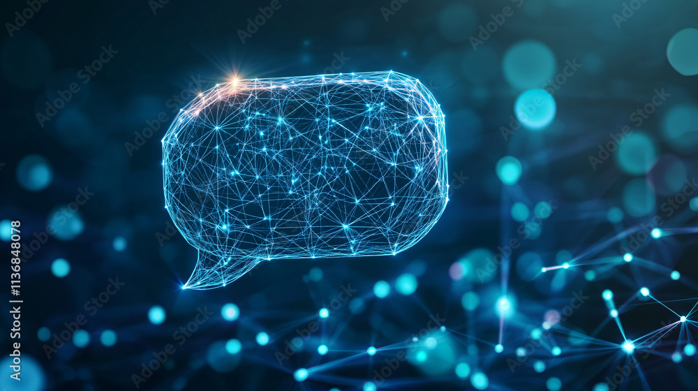 Poster a digital speech bubble icon with floating real-time language analytics, representing online transla