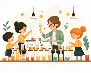 A female teacher guides three young girls in a colorful science lab, experimenting with various liquids.