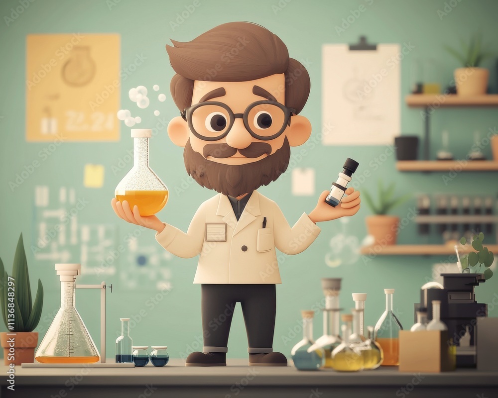 Poster a cheerful male scientist with a beard holds a flask and a vial in a colorful laboratory filled with