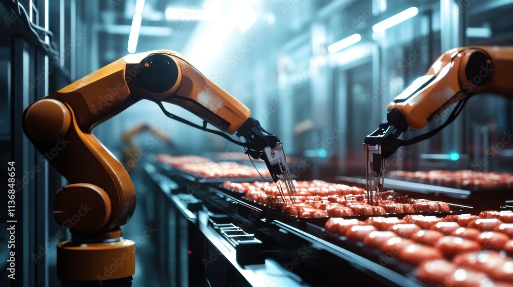 Poster futuristic automated factory: robotic precision in high-tech manufacturing environment
