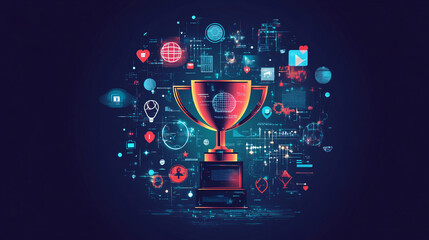 A digital sports trophy icon surrounded by achievement metrics, representing online sports education platforms, digital coaching tools, and student-athlete analytics. 
