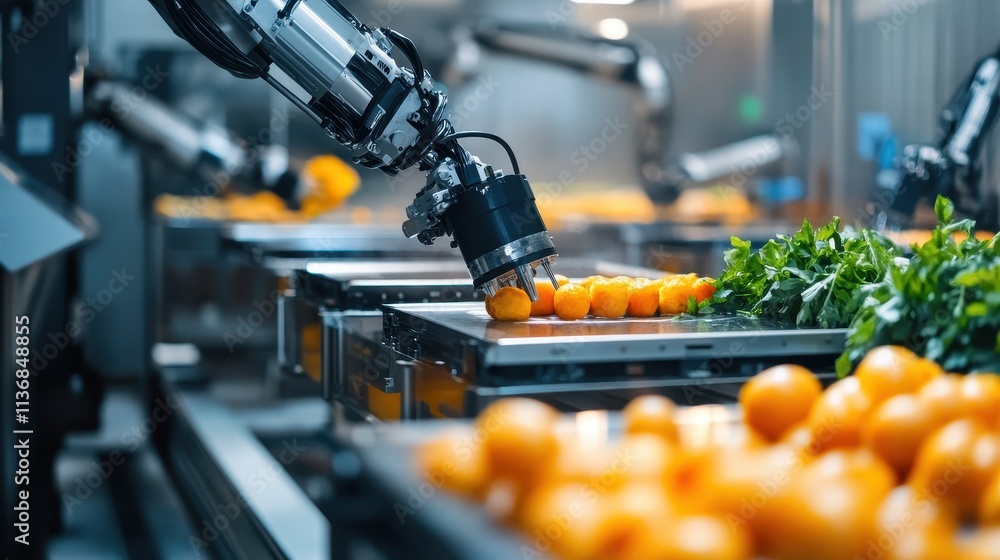 Aufkleber advanced robotic arm handling oranges in a futuristic factory setting with precision