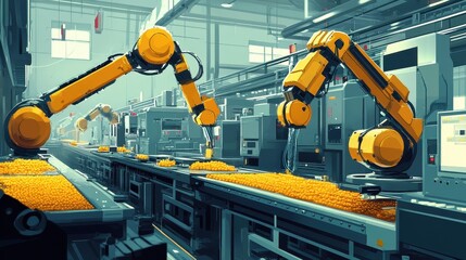 Automated Robotic Arms Sorting Oranges in a Modern Industrial Facility