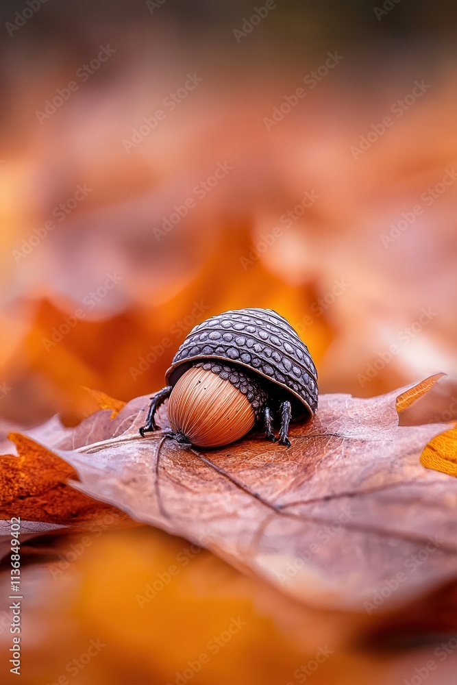 Poster a close-up of a shiny snail on a vibrant autumn leaf, showcasing its intricate shell and soft colors