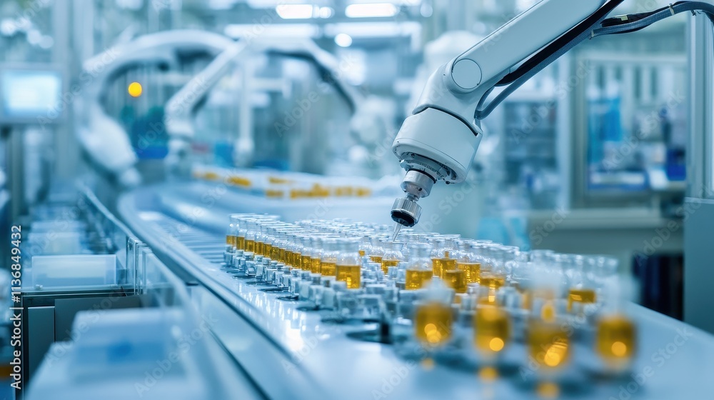 Poster advanced robotic arm in high-tech laboratory processing samples