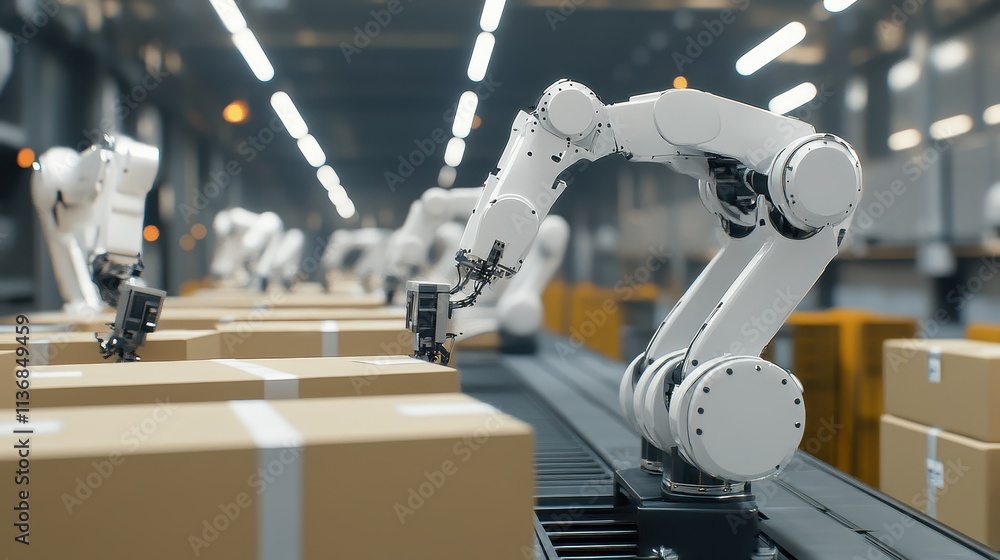 Poster automated robotic arms in futuristic warehouse assembly line for efficient shipping