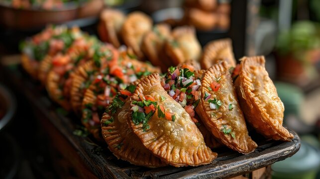 A tray of golden empanadas topped with fresh salsa and herbs, showcasing delicious cuisine.