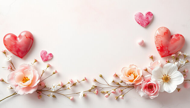 Delicate pink roses and hearts form a charming border on a white marble background, creating a romantic and elegant design perfect for valentine's day or wedding themes.
