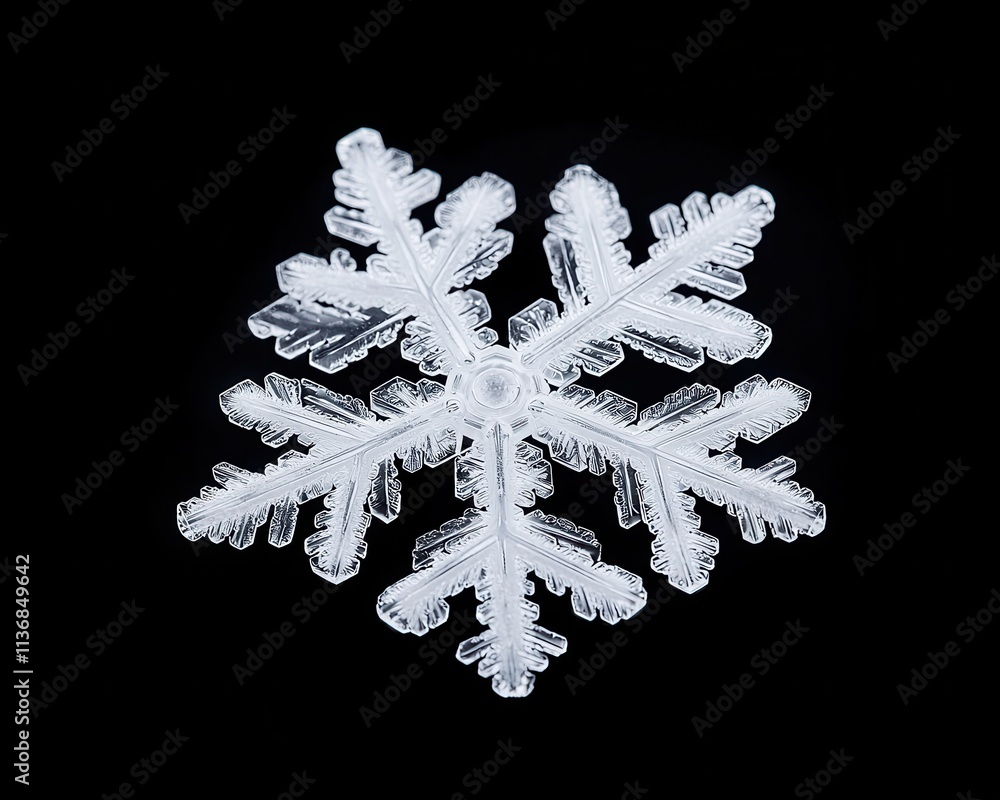 Poster detailed close-up of a clear snowflake against a black background, showcasing intricate patterns and