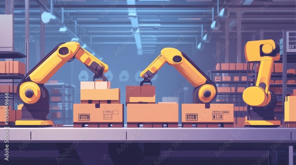 Poster automated robotic arms in a modern warehouse handling packages efficiently