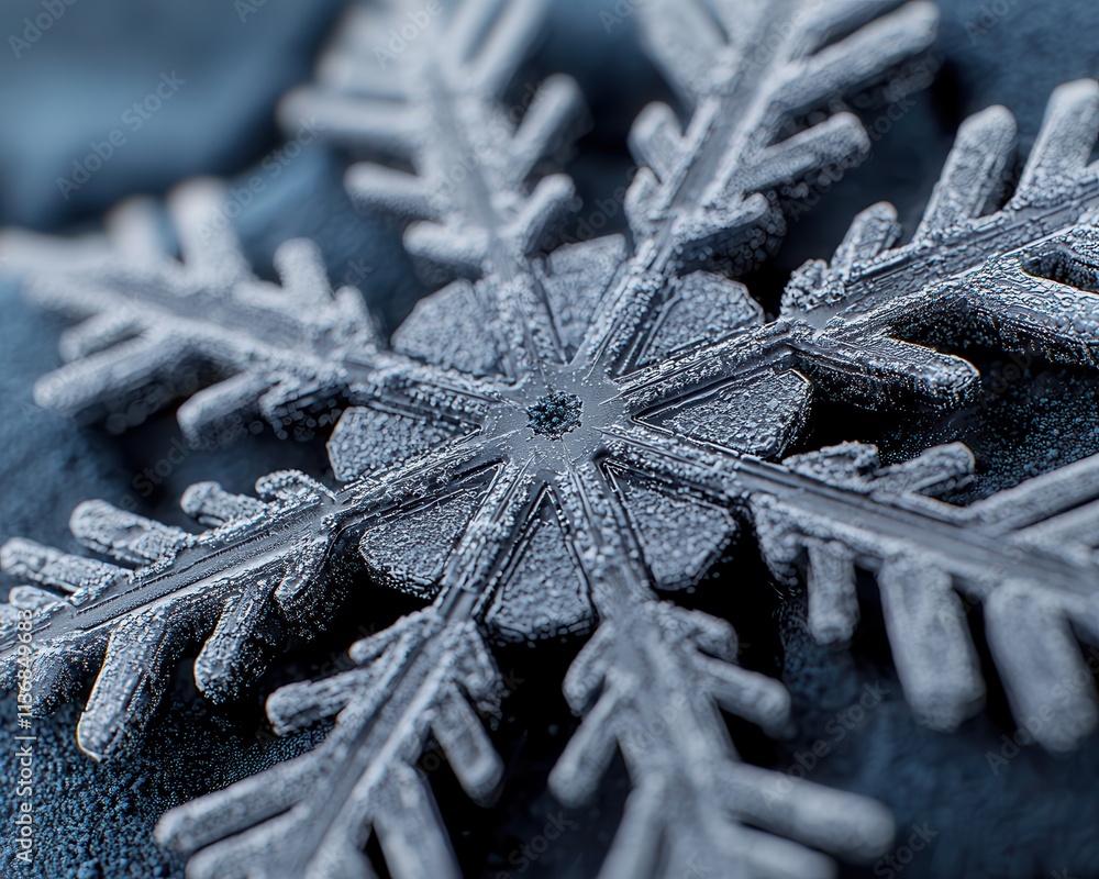 Poster close-up of a delicate snowflake on a textured blue surface, showcasing intricate details and frost 