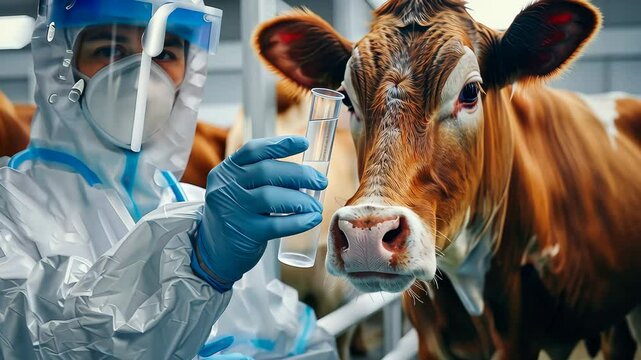 A veterinarian in a protective suit takes tests on animals on a farm. Selective focus. animal.