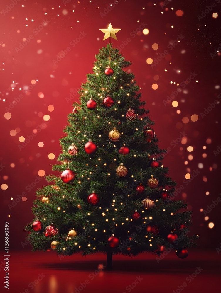 Poster christmas tree with ornament and bokeh lights in red background