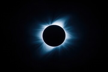 Breathtaking view of a solar eclipse with a darkened sun surrounded by radiant corona and glowing flares.