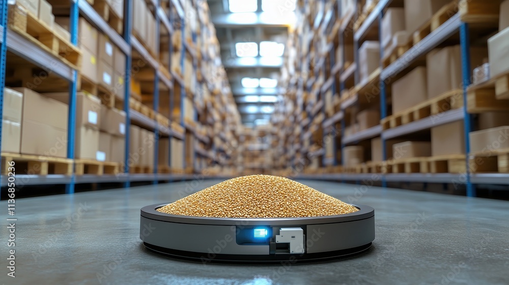 Poster automated robot navigating warehouse with precision and efficiency in modern industrial setting