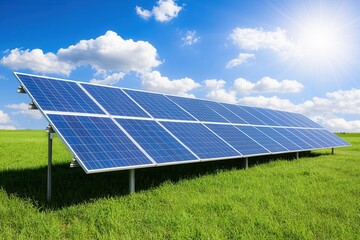 A modern solar panel array set against a bright blue sky and lush green grass, symbolizing renewable energy.