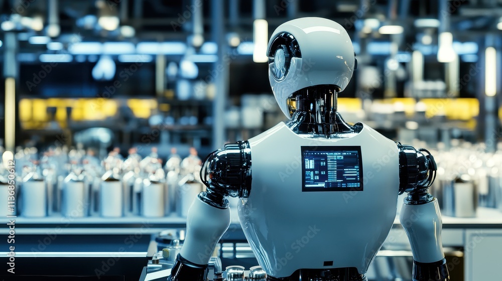 Aufkleber futuristic robot in advanced factory setting with high-tech machinery and screens