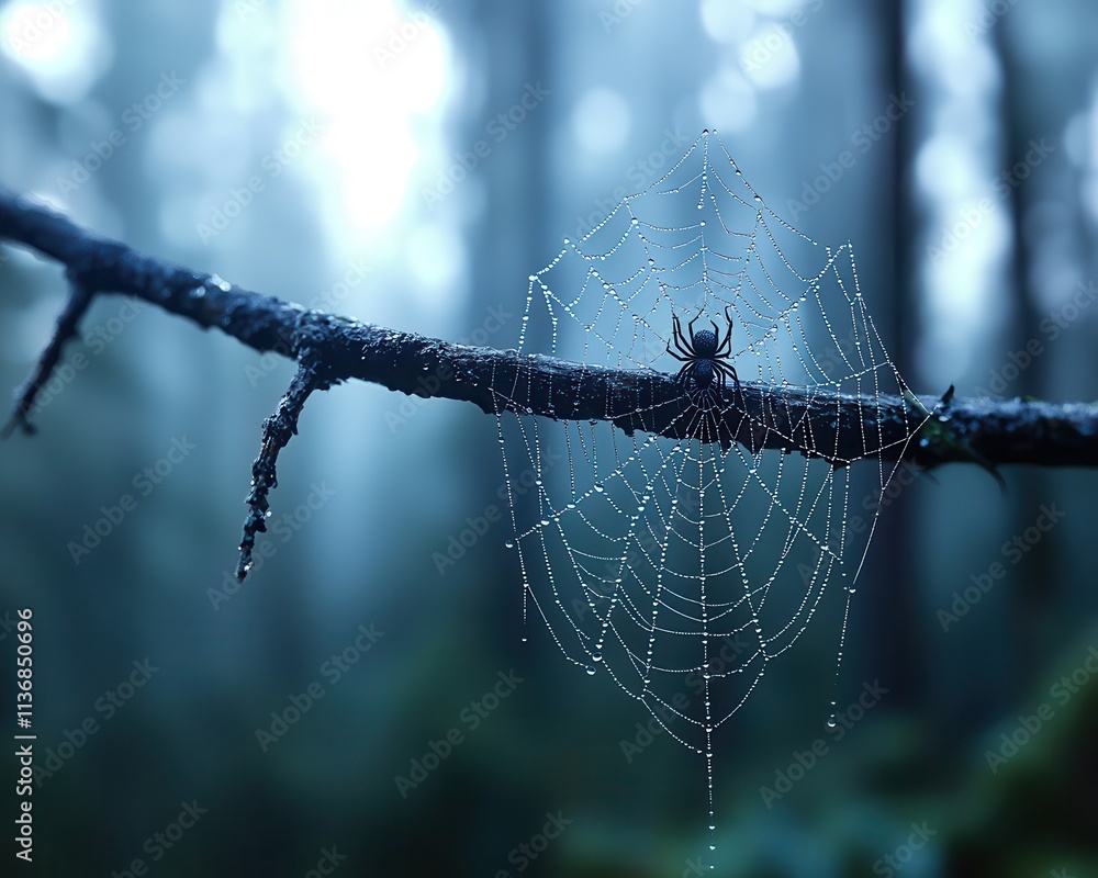 Poster a delicate spider web glistens with dewdrops, suspended in a misty forest, creating a tranquil and e