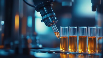 Close Up of Laboratory Equipment with Test Tubes and Microscope Under Blue Light
