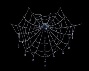 Fototapeta premium A striking black spider suspended in a delicate web adorned with glistening dewdrops against a dark backdrop.