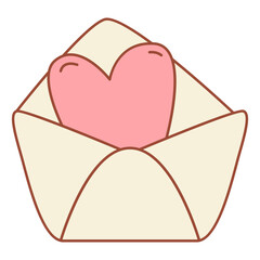 Open mail envelope with heart.Love letter.Postal envelope with small heart.Vector illustration.Isolated on white background.Groovy style.