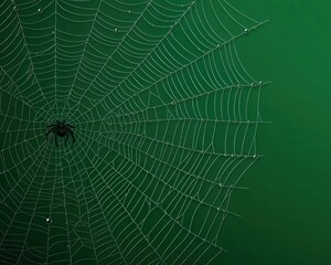A sleek black spider in the center of a delicate web, glistening with dew against a dark green background.