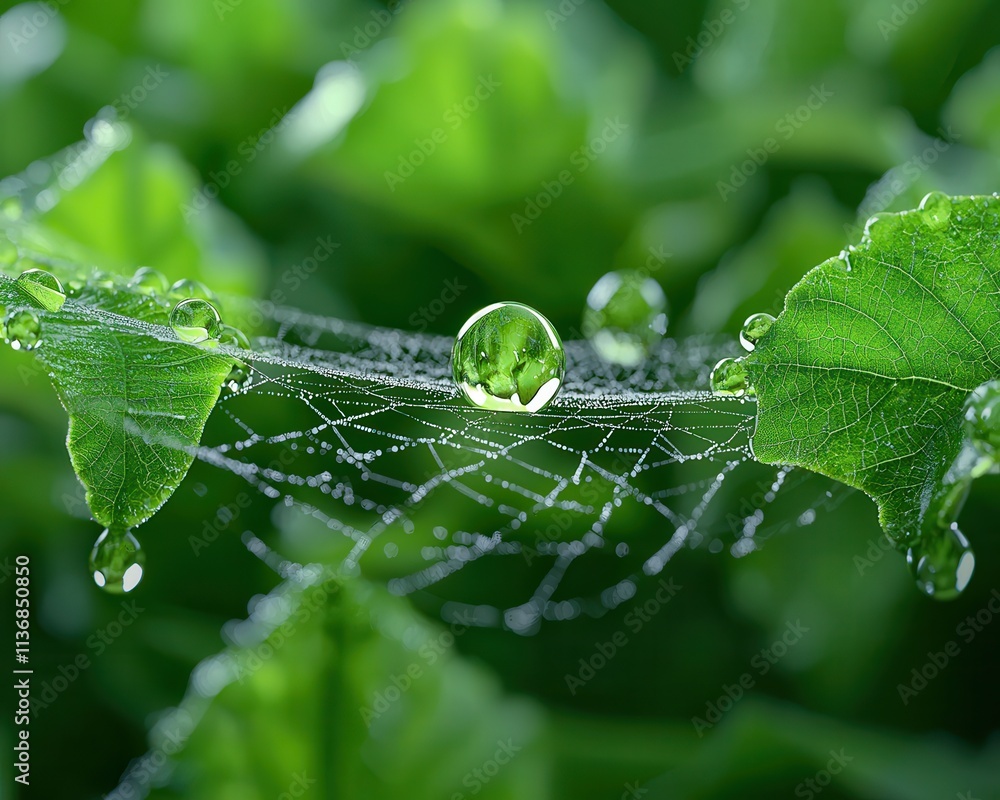 Poster a mesmerizing close-up of a spider web adorned with dew drops between green leaves.