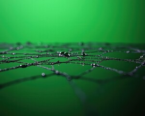 Close-up of a dewy spider web with droplets, against a vibrant green background, creating a serene and tranquil mood.