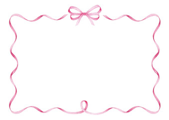 Pink ribbon bow frame, hand drawn watercolor illustration isolated on white background. Horizontal template for greeting card or wedding invitation