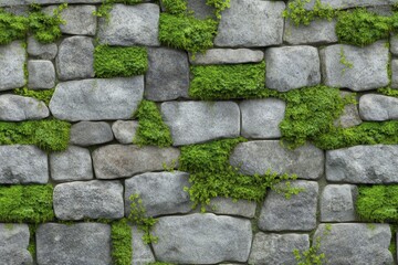 Fototapeta premium Textured stone wall covered in lush green moss, offering a blend of natural beauty and rustic charm.