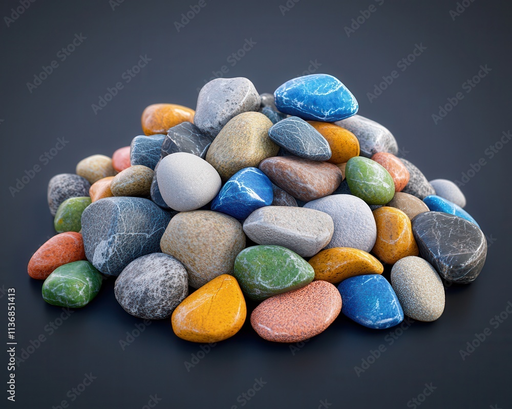 Poster a vibrant pile of smooth, multi-colored stones displaying a variety of textures and patterns.