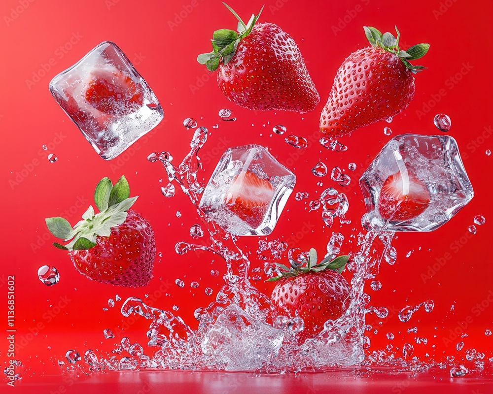 Poster dynamic splash of strawberries and ice cubes against a vibrant red background, creating a refreshing