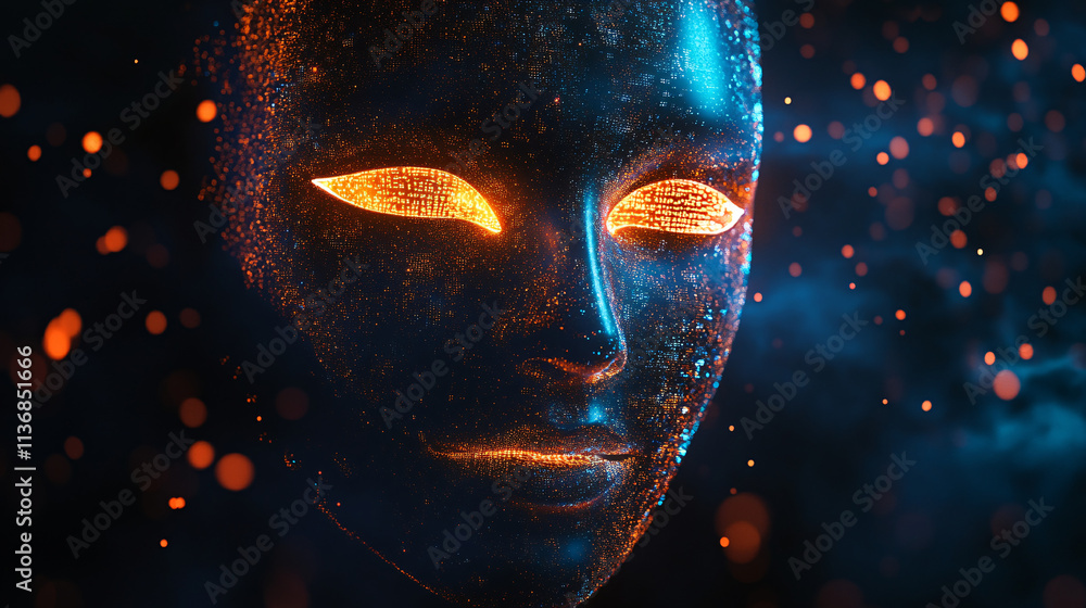 Poster a digital theater mask icon glowing with data points representing online entertainment, virtual perf