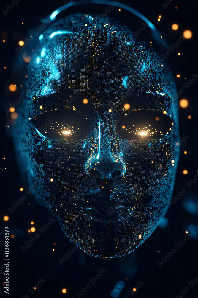 Poster a digital theater mask icon glowing with data points representing online entertainment, virtual perf