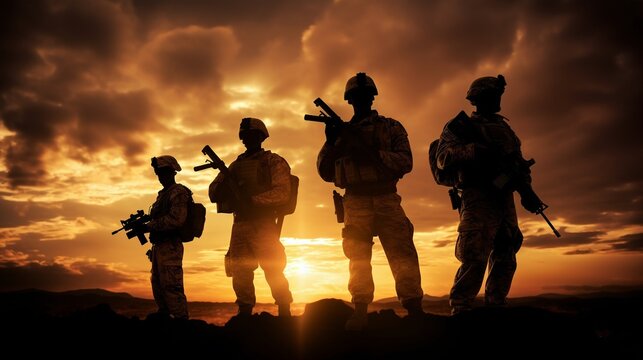 Silhouettes of armed soldiers at dramatic sunset. Military patrol on mission. Army troops in combat gear against orange sky. Concept of war, defense, and national security
