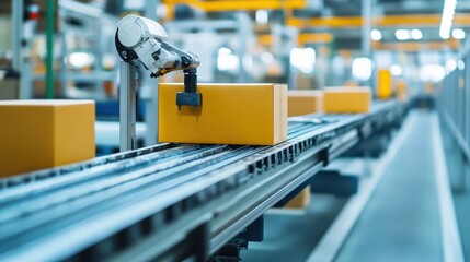 Obraz premium Automated Conveyor Belt with Robotic Arm in Industrial Warehouse Setting