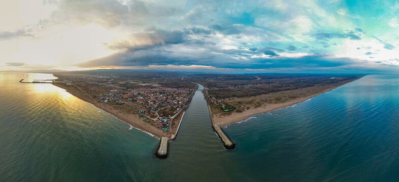 Karasu District in Sakarya, Turkey. Sunset landscape of Karasu. Aerial shooting with drone.