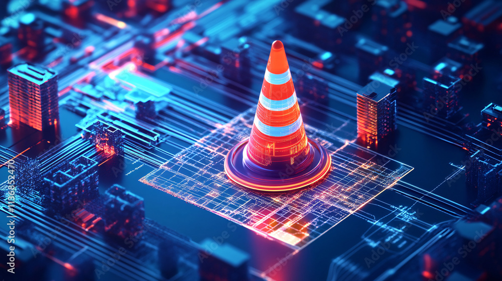 Poster a digital traffic cone icon with real-time city planning data surrounding it, symbolizing smart infr